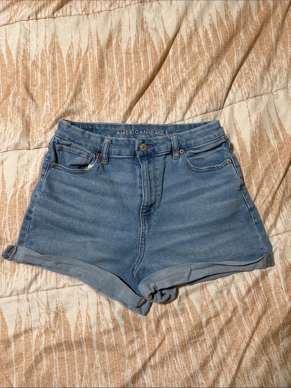American Eagle Outfitters Light Blue Denim Rolled-Hem Curvy Mom Shorts